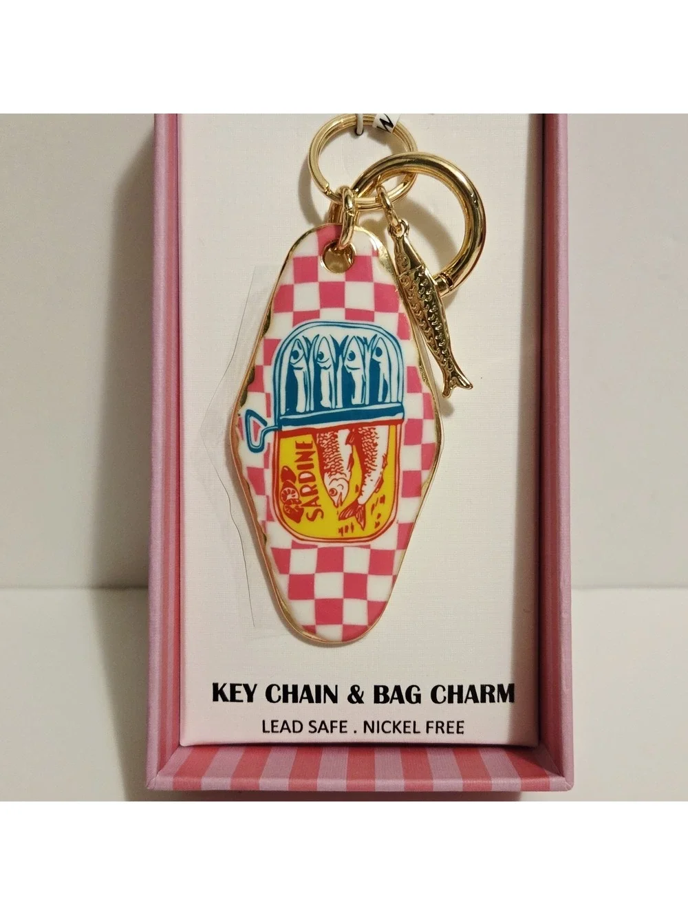 Piper K Sardine Can Checkered Pink Print Keychain & Bag Charm NWT